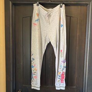 Johnny Was Gray Joggers with Multicolor Floral Embroidery